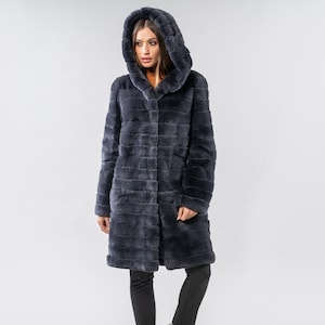 Blue-Gray Rabbit Fur Hooded Jacket: Real Rex Fur