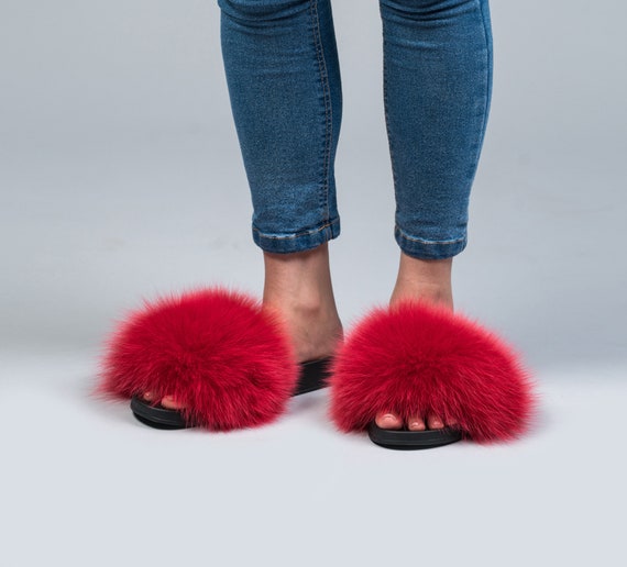 red fluffy sandals