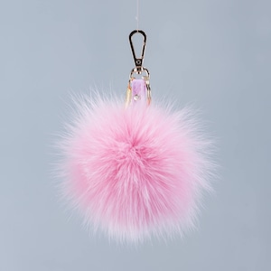 Pink Fox Fur Pom Pom Keychain: Bag Charm with Gold Clip