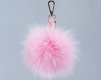 Pink Fox Fur Pom Pom Keychain: Bag Charm With Gold Clip