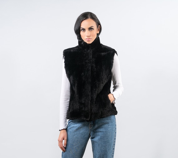 Black Rabbit Fur Vest, Rabbit Jacket, Rabbit Fur Jacket, Genuine