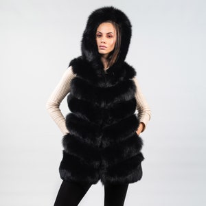 Hooded Black Fox Fur Vest