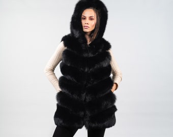 womens black vest with fur hood