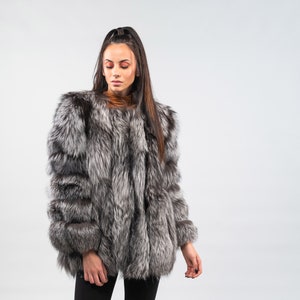 Silver Fox Fur Jacket: Genuine Leather Details, 70cm Length