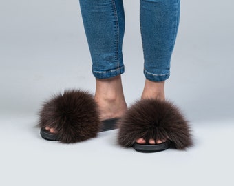 Real Fox Fur Slides, Brown Fluffy Slides, Rubber Fur Sandals, Real Fox Slippers, Fur Flip Flop
