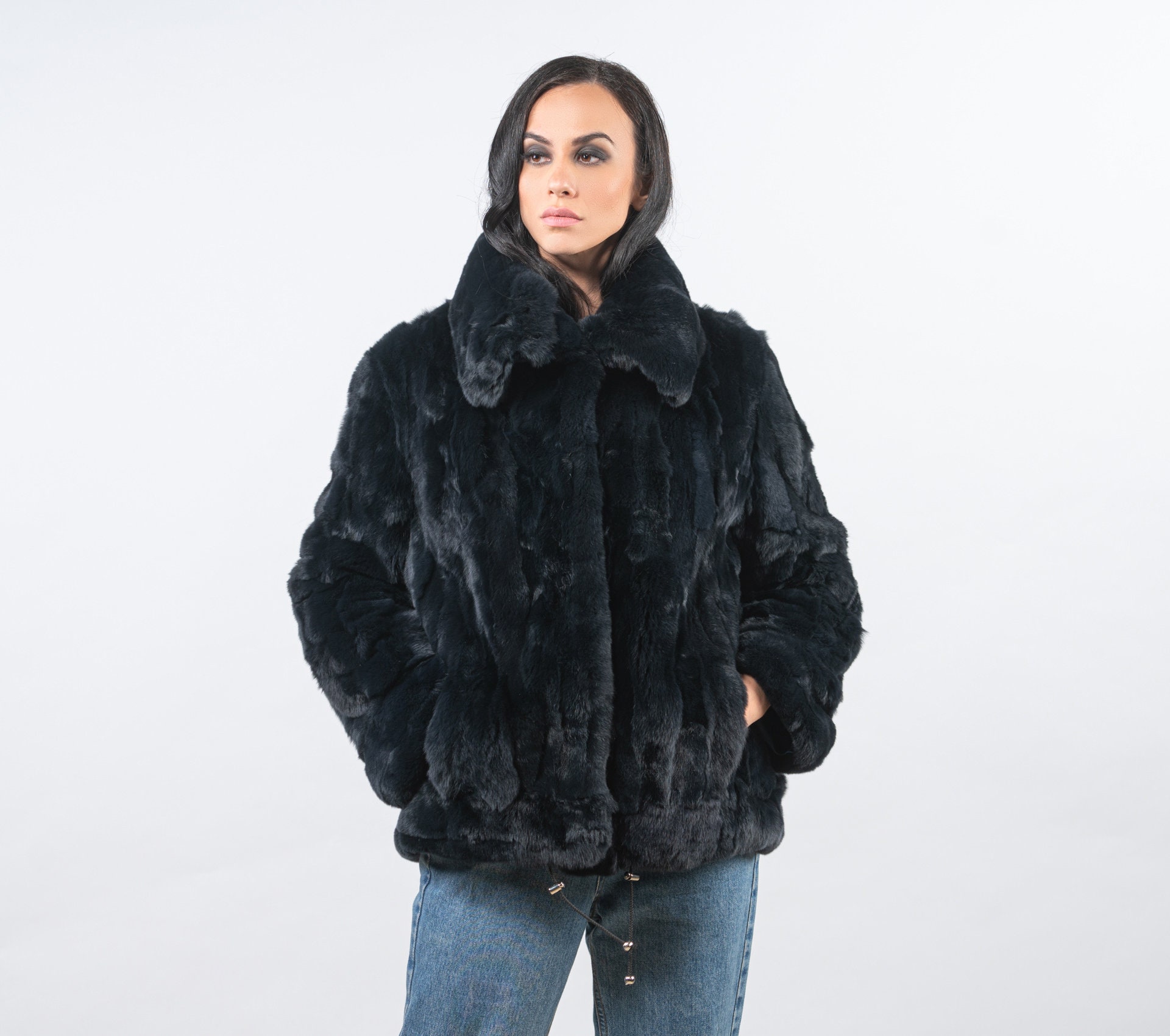 Black Lambskin Leather 24″ Short Jacket with Chinchilla Rex Rabbit Fur Trim  - A.J. Ugent Furs %