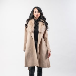 Taupe Wool Coat: Fox Fur Collar, Cashmere Blend
