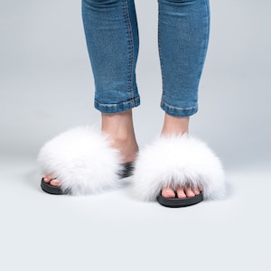 White Fox Fur Slides, Fluffy Slides, Rubber Fur Sandals, Real Fox Slippers, Fur Flip Flop