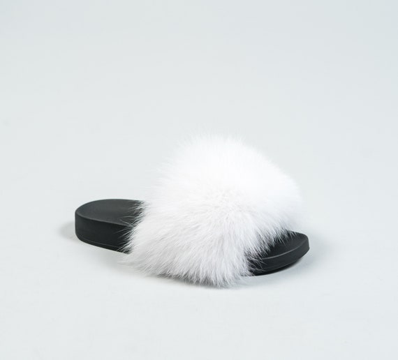 Black and White Fox Fur Slides Black Fluffy Slides Rubber 