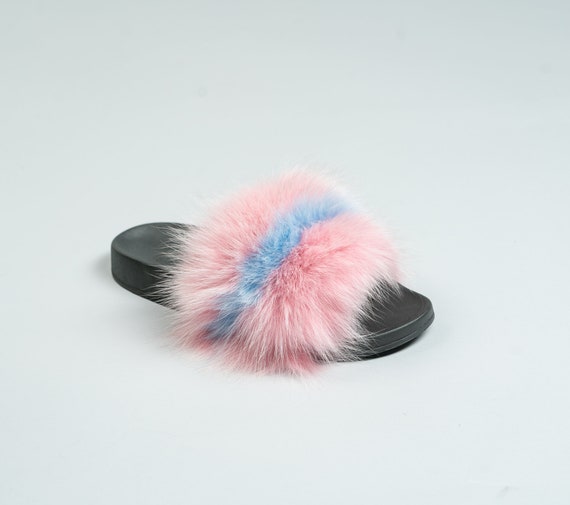 Pink and white fur cheap slides