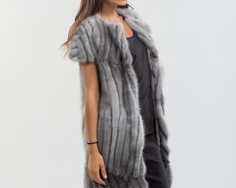 フード付きロングシアードミンクファーベスト！新品本物の天然本毛皮