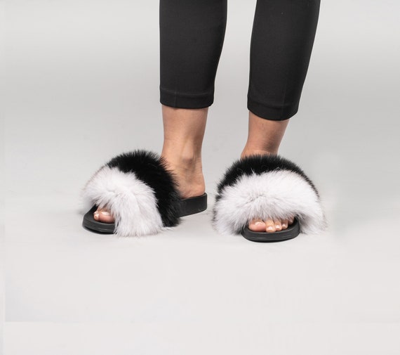 black fluffy slides