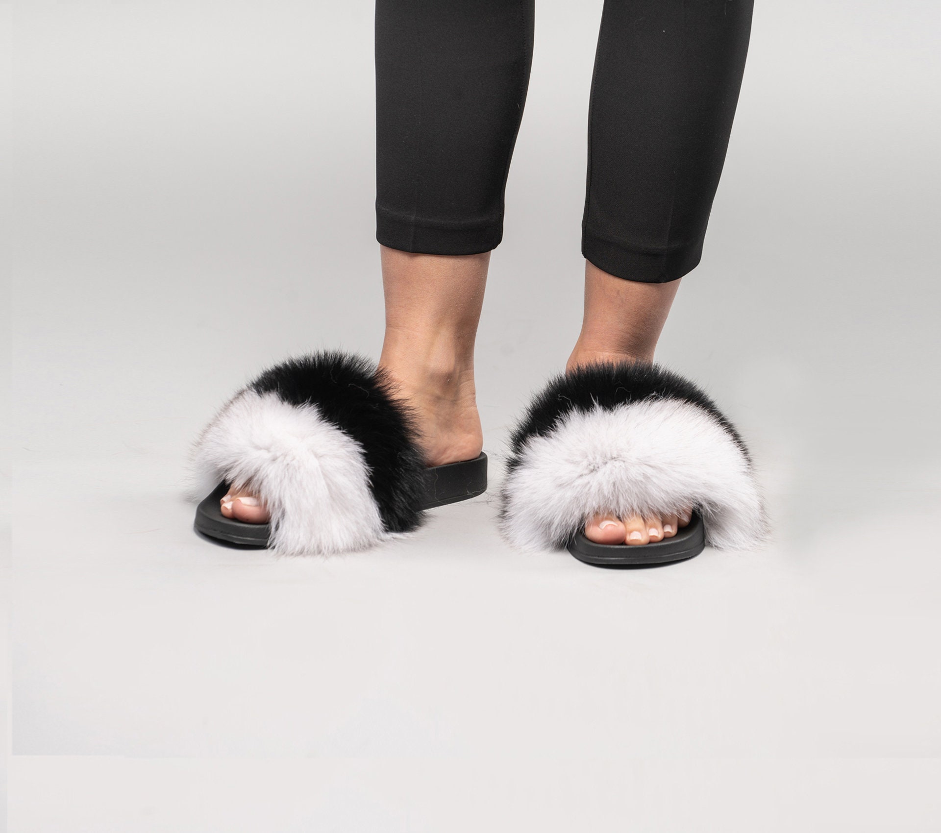 black fluffy sandals