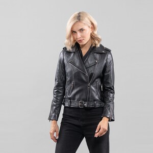 Black Leather Biker Jacket , With Pockets, Jacket, Shearling Jacket, Mouton Jacket
