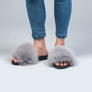Light Grey Fox Fur Slides, Fluffy Slides, Rubber Fur Sandals, Real Fox Slippers, Fur Flip Flop