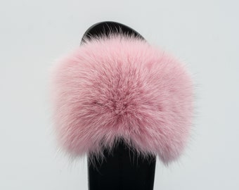 Pink Fox Fur Slides Fluffy Slides Rubber Fur Sandals Real 