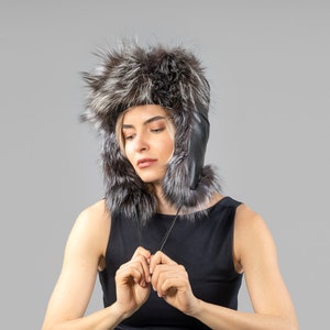 Lamb Leather Trapper Hat With Fox Fur, russian fur hat,black fox fur, fur hat, long hair fox fur, winter hat, cossack hat, trapper hat
