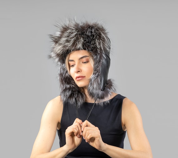 Beautiful lamb leather/fox trim hat Raccon and Lamb Leather Trapper Hat: FurHatWorld.com main image 4