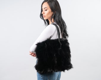 Black Fox Fur Bag, Real Fox Fur Handbag, Shoulder Bag,Clutch, Birkin, Handmade