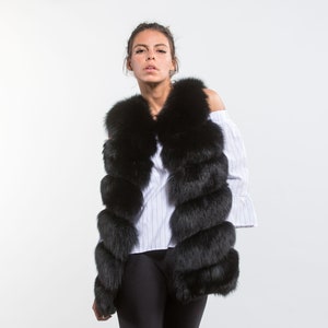 Black Fox Fur Vest, Short Style, Fox Cropped Pelts, With Pockets, Vest, Fur Vest