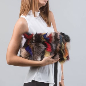 Colorful Fox Fur Clutch: Handmade Leather Handbag