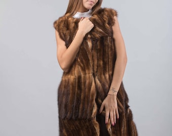 フード付きロングシアードミンクファーベスト！新品本物の天然本毛皮