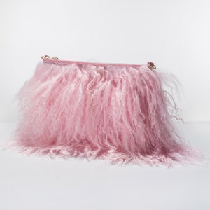 Pink Mongolian Lamb Fur Bag: Handmade Clutch with Chain Strap