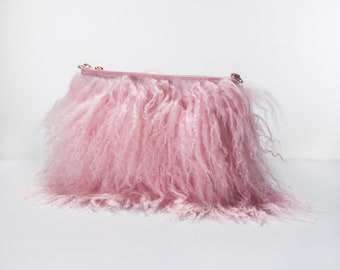 Pink  Mongolian  Fur Bag, Real Fox Fur Handbag, Shoulder Bag,Clutch, Birkin, Handmade Fur Bag