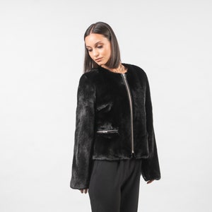 Black Short Mink Fur Jacket, Real Mink Fur, Mink  Fur Jacket with Concealed Pockets, Real Mink Fur Jacket, Genuine Fur, Winter Fur Jacket