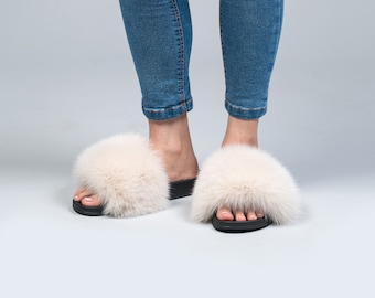 Real Fox Fur Slides, Cream Fluffy Slides, Rubber Fur Sandals, Real Fox Slippers, Fur Flip Flop