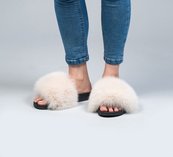 Real Fox Fur Slides Cream Fluffy Slides Rubber Fur Sandals -  Israel