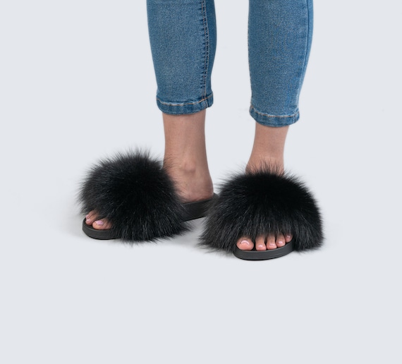 Real Fur Slides Black Fluffy Slides Rubber Fur Sandals - Etsy