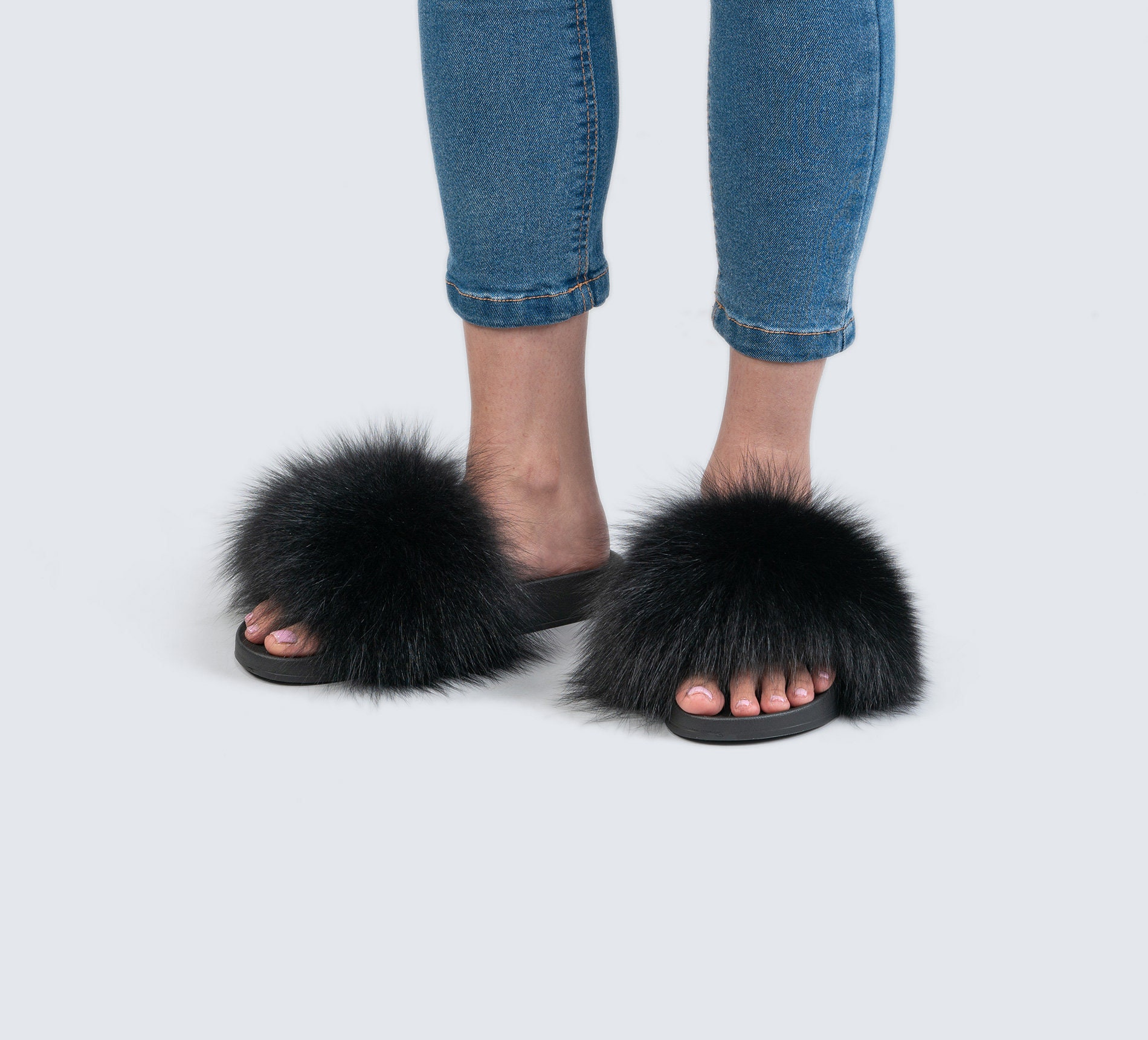 Real Fox Fur Slides Black Fluffy Slides Rubber Fur Sandals 