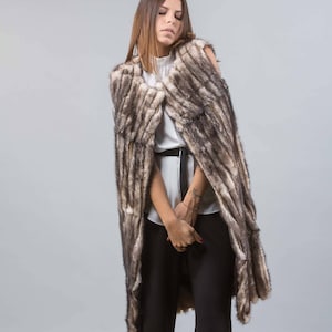 Faded Black Mink Fur Vest: Long Genuine Fur Jacket with Pockets
