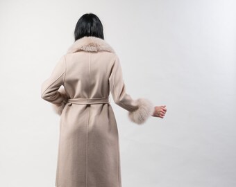 Manteau Femme Luxe Laine, Cachemire, Angora - Col Et Poignets Renard Véritable