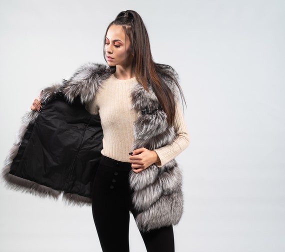 Gilet de fourrure de renard argent vraie fourrure gilet de