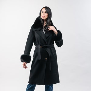 Black Wool Cashmere Coat with Fox Fur Collar & Cuffs