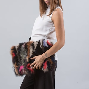 Colorful Fox Fur Clutch: Handmade Leather Strap Handbag
