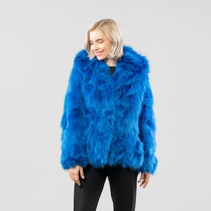 Electric Blue Fox Fur Hooded Jacket