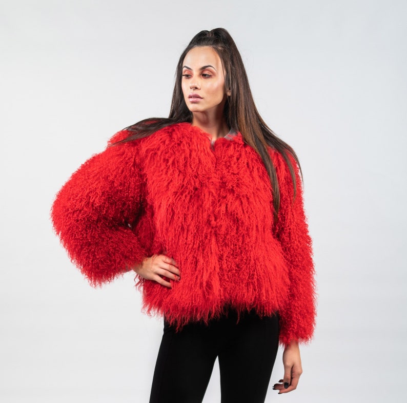 red mongolian fur jacket