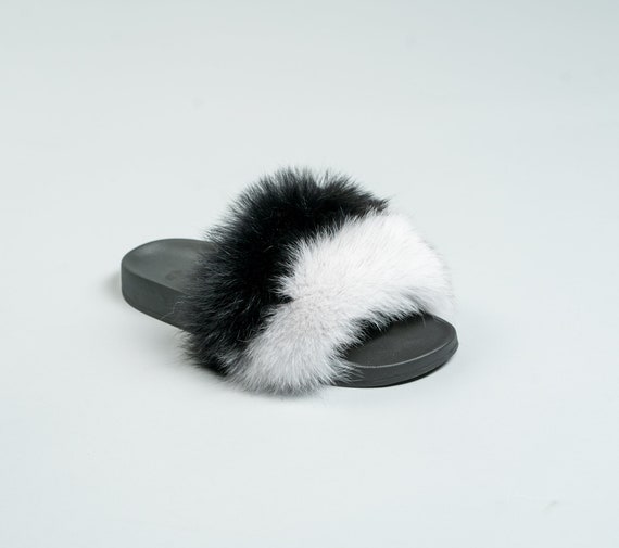 Black and White Fox Fur Slides Black Fluffy Slides Rubber 