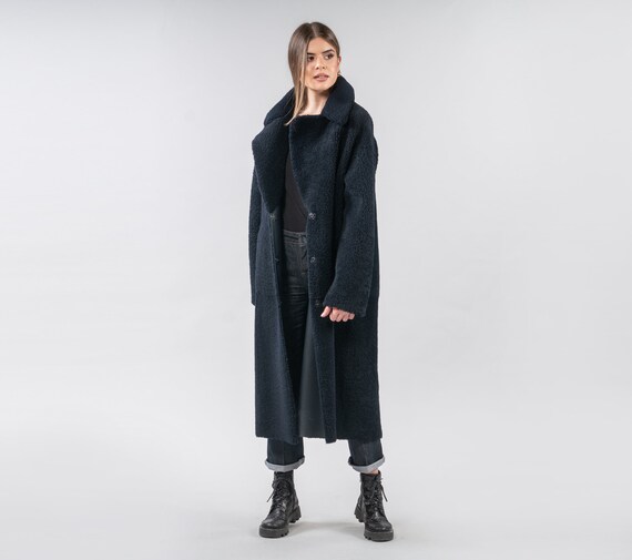 Reversible Navy Blue Shearling Coat With Pockets Jacket 