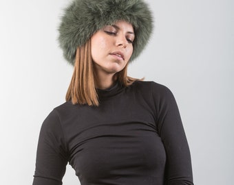 Green Fox Fur Headband cossack hat, real fox fur hat