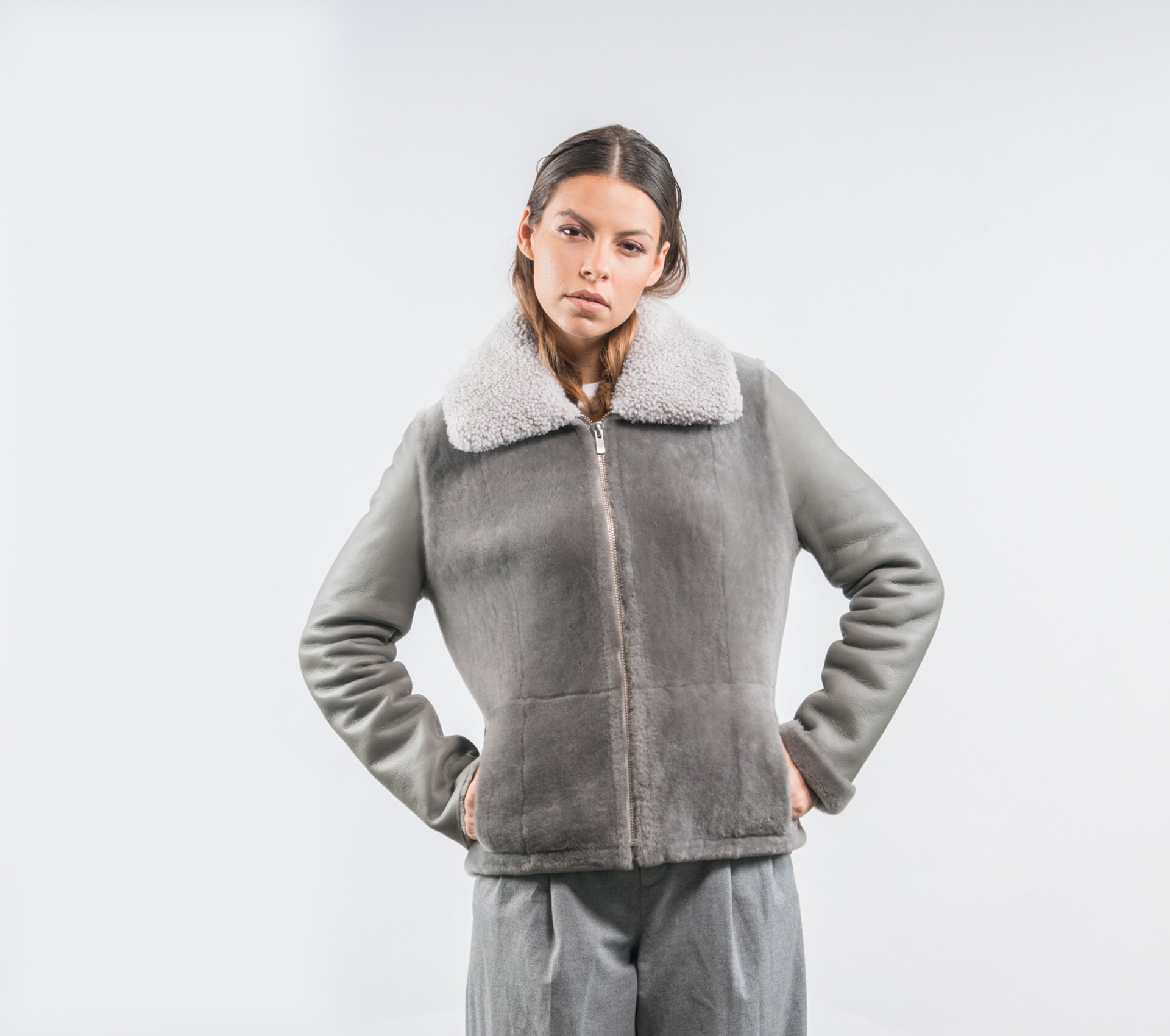 Light Grey Sheepskin Jacket With 