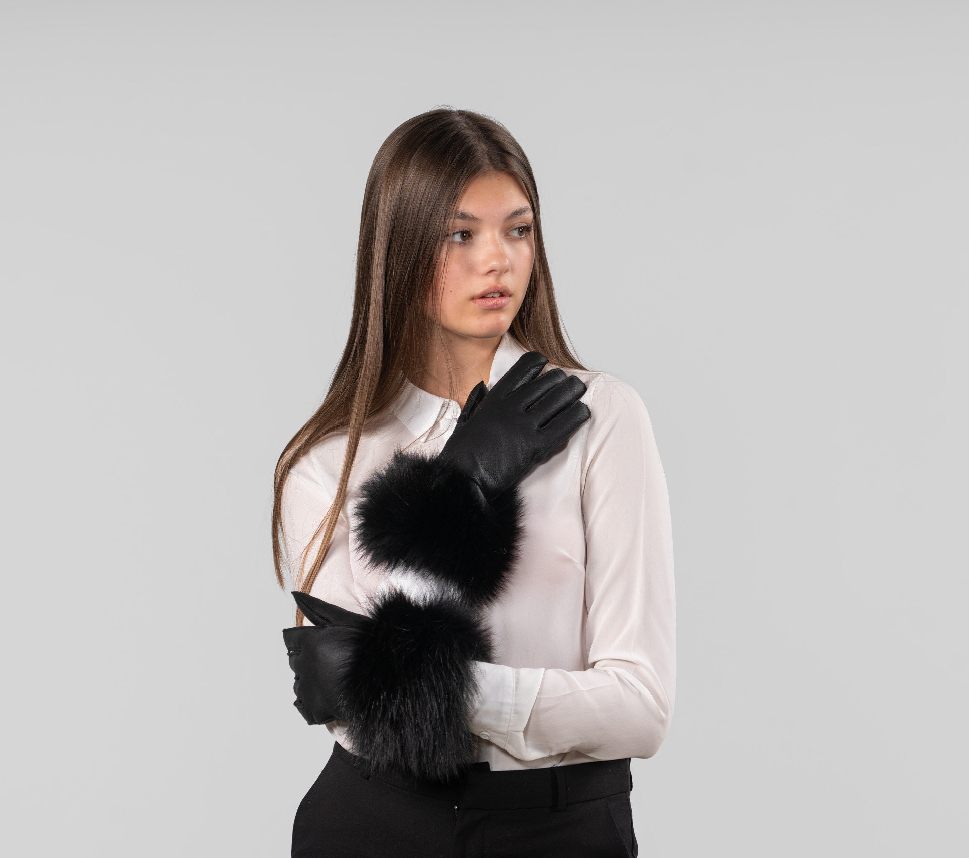 Guanti Lunghi Eleganti In Vera Pelle Con Polsino In Pelliccia Di Volpe - Unica Taglia Donna - Inverno - Foto 2