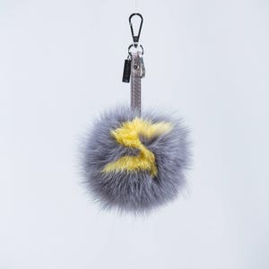 Gray Fox Fur Pom Pom Keychain: Letter Charm Bag Pendant