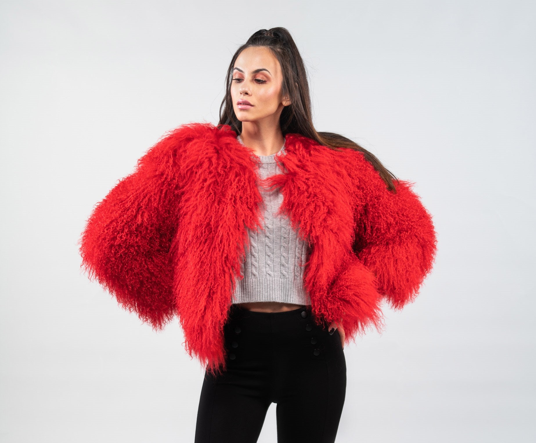 red mongolian fur jacket