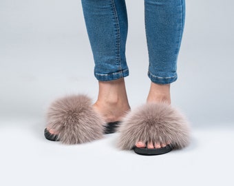 Taupe Fox Fur Slides, Fluffy Slides, Rubber Fur Sandals, Real Fox Slippers, Fur Flip Flop