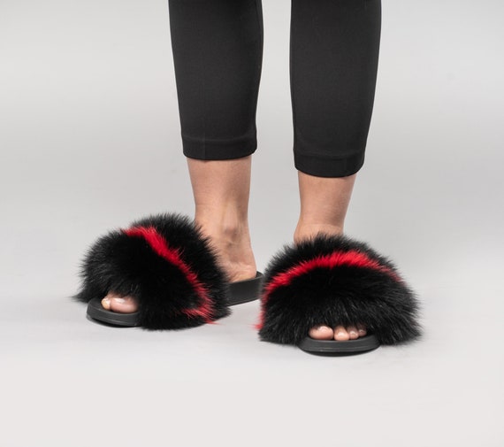 black fluffy flip flops