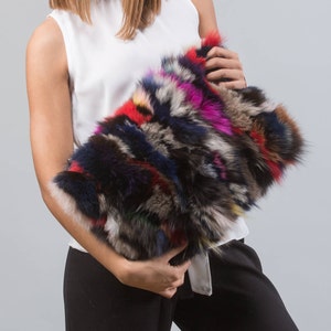 Multicolor Fox Fur Clutch: Real Leather Accents